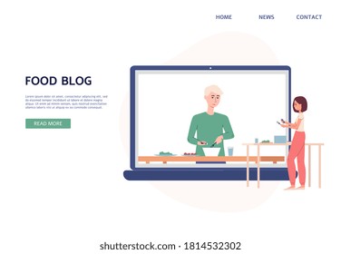 Food blog website interface layout with blogger and his followers cartoon characters, flat vector illustration. Online internet learning of culinary and food cooking.