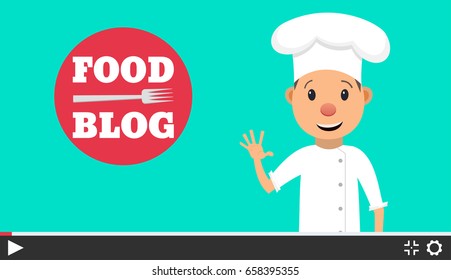 Food blogger. Food blog. Video blogger concept. Computer screen with video player. Vector illustration in flat style