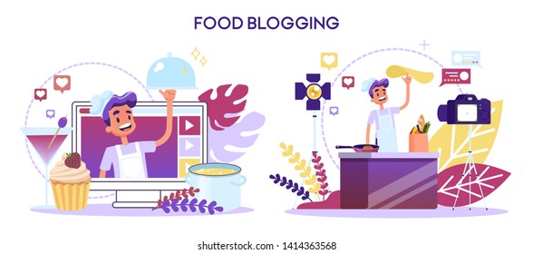 Food blogger concept. Cooking on a camera for the channel. Online communication, share content in social media. Vector illustration in cartoon style