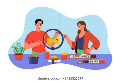 Concepto de blogger de comida. Hombre y mujer con comer cerca de la cámara. Hamburguesa, patatas fritas y panecillos. cocina americana y japonesa. Ilustración plana del vector de la historieta aislada sobre fondo blanco