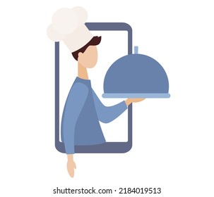 Food blogger. Cooking concept. Chef in smartphone app. Vector flat illustration 