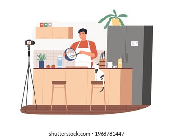 Food blogger cooking meal and recording video in front of camera. Man in kitchen showing recipe in his vlog. Online class from Chef. Colored flat vector illustration isolated on white background