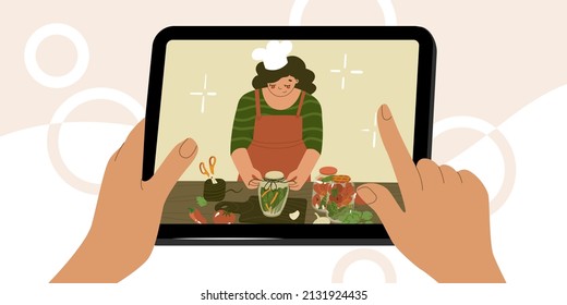 Food blogger. Cooking. Woman makes homemade vegetables. Home canning. Preparing food process. Concept of home made pickles. Chef. Flat style in vector illustration.