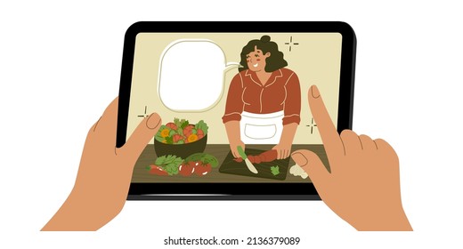 Food blogger. Cooking. Woman makes homemade vegetables. Home canning. Preparing food process. Concept of home made pickles. Chef. Flat style in vector illustration.