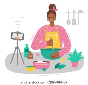 Food blogger creating content. Black woman are cooking while recording video. Culinary video blog or channel. Online cooking course. Vector illustration in cartoon flat style. Isolated on a white.