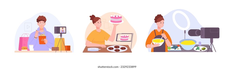 Food blogger. Culinary bloggers or foodie youtuber recording online cooking learning workshop on video camera for cook bakery nutrition blog content, splendid vector illustration of blogger culinary