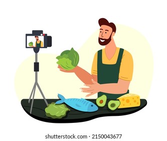 Food Blogger Explain on Camera How to Cook Healthy Meal.Male Character Cook for Video Blog.Man Chef Teach Cook New Recipe.Video Tutorial,Prepare Fish Dish Food Class.Cartoon People Vector Illustration