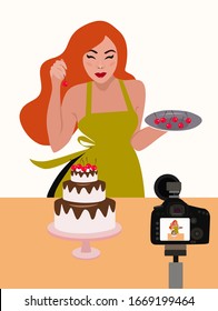 Food blogger flat vector illustration. Young female blogger shooting cake and cupcakes recipe video cartoon character. Influencer streaming live, explaining balanced nutrition rules.