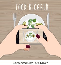 Food blogger. Hands holding phone taking photo of lunch on wood table. Freelancer. Top view. Flat vector illustration.