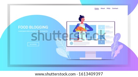 food blogger holding roasted chicken girl cooking at kitchen blogging concept woman vlogger explaining how to cook a dish portrait monitor screen online player horizontal vector illustration
