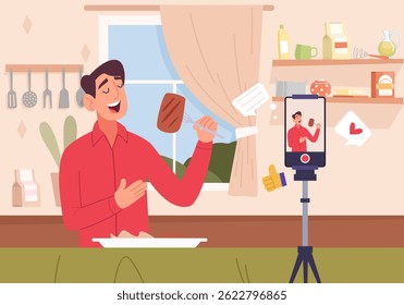 Food blogger. man eating food and recording on smartphone camera