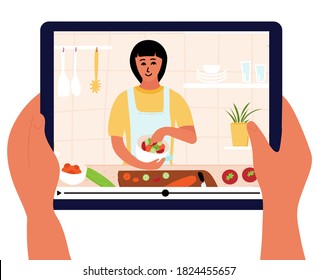 Food blogger is on laptop display. Culinary video broadcast or channel  with cooking online class. Young woman preparing salad in kitchen. Hand holding digital tablet. Healthy food at home. Vector 