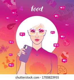 Food blogger portrait. Beautiful girl with phone on the colorful background