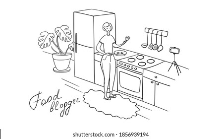 Food blogger prepare food in kitchen live. Video online cook tutorials. Woman shares recipes with followers. Female influencer filming lesson on camera for video channel in kitchen studio