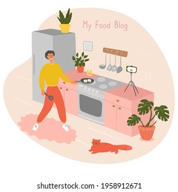 Food blogger prepare food in kitchen live. Video online cook tutorials. Man shares recipes with followers. Male influencer filming lesson on camera for video channel in kitchen studio. Vector flat