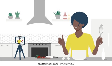 Food blogger streaming live. A beautiful black woman records an online cooking video tutorial on his phone. Woman communicating with subscribers through phone camera. Eps 10.