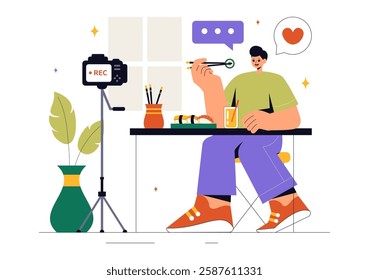 Food Blogger Vector Illustration featuring an Influencer Reviewing and Sharing Culinary Experiences on a Blog at a Restaurant in a Flat Background