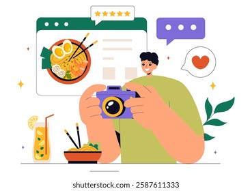 Food Blogger Vector Illustration featuring an Influencer Reviewing and Sharing Culinary Experiences on a Blog at a Restaurant in a Flat Background