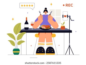 Food Blogger Vector Illustration featuring an Influencer Reviewing and Sharing Culinary Experiences on a Blog at a Restaurant in a Flat Background