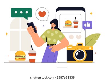 Food Blogger Vector Illustration featuring an Influencer Reviewing and Sharing Culinary Experiences on a Blog at a Restaurant in a Flat Background