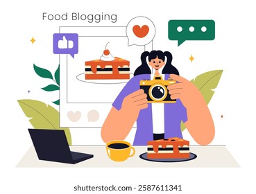 Food Blogger Vector Illustration featuring an Influencer Reviewing and Sharing Culinary Experiences on a Blog at a Restaurant in a Flat Background