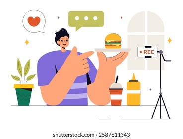 Food Blogger Vector Illustration featuring an Influencer Reviewing and Sharing Culinary Experiences on a Blog at a Restaurant in a Flat Background