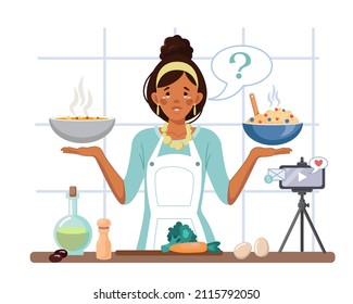 A food blogger who creates content. Cooking live streaming. An African-American woman decides what to cook while recording a video. Culinary video blog or channel. Online cooking course. Vector