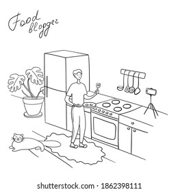 Food blogger. Young man is recording video. Chef is cooking in kitchen. Guy hold frying pan in hand and stands at stove. Cartoon vector illustration