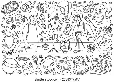 Food bloggers make baking tutorials, pastry hand drawn collection, kitchen utensil, video recipe, phone stand, whisk, cake icons, vector doodle illustrations of cooking tools, isolated outline clipart