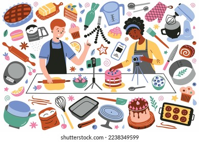 Los bloggers de comida hacen tutoriales de horneado, utensilios de cocina, set de pastelería a mano, íconos de doodle de estante de teléfono, whisk, pastel, ilustraciones vectoriales de herramientas de cocina, recetas de video, clipart de color aislado