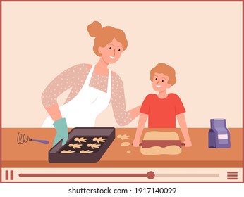 Food bloggers. Mother and son cooking, vlog about bake process. Family culinary, video tutorials vector illustration