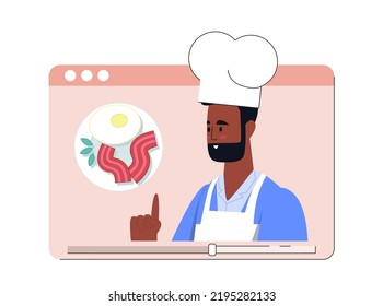 Food blogging concept.  Character is cooking food. Vector illustration in a flat style
