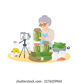 Food Blogging Concept. Elderly Female Blogger Character Prepare Pickled Cucumbers With Spices in a Jar. Canned Natural Healthy Products Vector Illustration.
