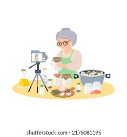 Food Blogging Concept. Elderly Woman Blogger Character Prepare Champignon Mushrooms. Canned Natural Healthy Products Vector Illustration.