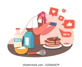 Food Blogging Concept. Female Blogger Character with Smartphone Take a Photo of Prepared Dish for Video Blog. Food Hunter Review, Foodie Channel or Vlog Streaming. Cartoon People Vector Illustration