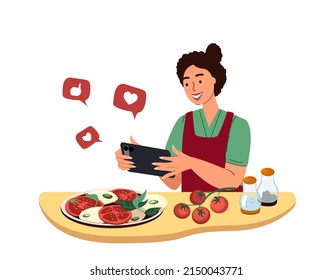 Food Blogging Concept. Female Blogger Character with Smartphone Take a Photo of Prepared Dish Caprese Salad for Video Blog.Food Hunter Review,Foodie Channel ,Vlog Streaming.People Vector Illustration