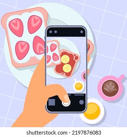 Food blogging concept. Hand holds smartphone and take a photo. Vector illustration in a flat style