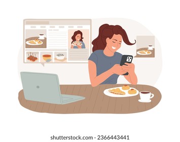 Food blogging isolated concept vector illustration. Food hunter review, appetizing photos, social media, attract followers, blog post, online cooking, streaming, street food vector concept.