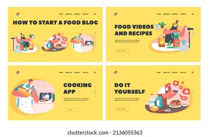 Food Blogging Landing Page Template Set. Blogger Characters Create Content Cook and Recording Culinary Video for Blog or Channel. Online Cooking Chef Courses. Cartoon People Vector Illustration