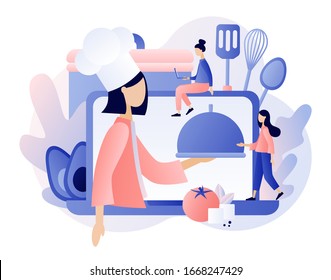 Food blogging. Recipes. Home cooking online. Professional chef holding dish. Tiny People Cook. Modern flat cartoon style. Vector illustration on white background