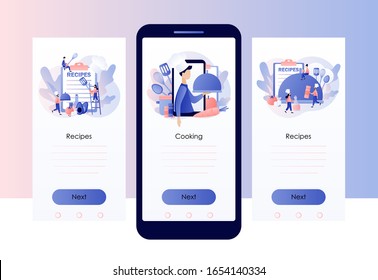 Food blogging. Recipes online. Professional chef holding dish. Tiny People Cook in Chef Cap. Screen template for mobile smart phone. Modern flat cartoon style. Vector illustration