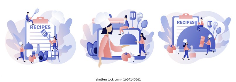 Food blogging. Recipes online. Professional chef holding dish. Tiny People Cook in Chef Cap. Modern flat cartoon style. Vector illustration on white background