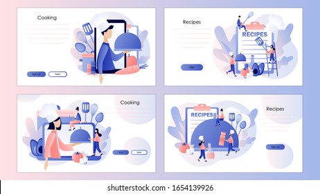 Food blogging. Recipes online. Tiny People Cook in Chef Cap. Screen template for mobile smart phone, landing page, template, ui, web, mobile app, poster, banner. Modern flat cartoon style. Vector