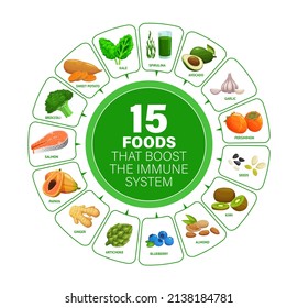 Nahrungsmittel verstärken die Gesundheit des Immunsystems Infografik oder Grafik. Vektorraddiagramm mit Gemüse-, Fisch-, Obst- und Nussnahrung, Beeren und Grünnahrung für die Gesundheit des Immunsystems