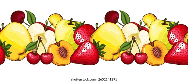 Food Border Seamless. Seamless Garland with Fruits. Horizontal Border with fresh Fruits. Fruits Background Seamless. Healthy Food Concept. Organic Food Farmers Markets, Banner, Flyer, textile