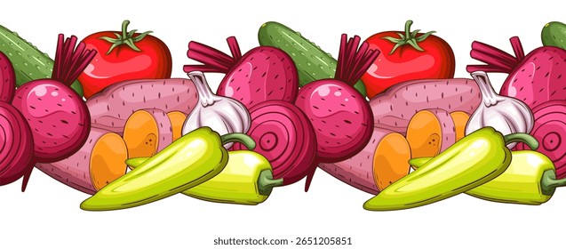Food Border Seamless. Seamless Garland with Vegetables. Horizontal Vegetable Border. Veggies Background Seamless. Healthy Food Concept. Organic Food Farmers Markets, Banner, Flyer, Wallpaper, textile