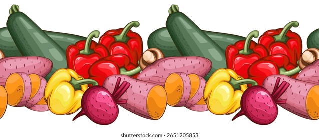 Food Border Seamless. Seamless Garland with Vegetables. Horizontal Vegetable Border. Veggies Background Seamless. Healthy Food Concept. Organic Food Farmers Markets, Banner, Flyer, Wallpaper, textile