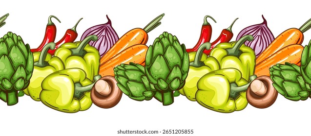 Sem emenda na fronteira alimentar. Garland sem costura com legumes. Borda Vegetal Horizontal. Fundo de legumes sem emenda. Conceito de alimento saudável. Organic Food Farmers Markets, Banner, Flyer, Papel de parede, têxtil