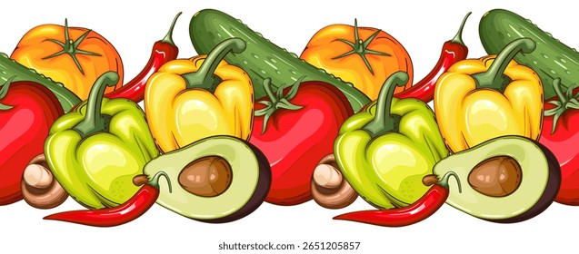 Sem emenda na fronteira alimentar. Garland sem costura com legumes. Borda Vegetal Horizontal. Fundo de legumes sem emenda. Conceito de alimento saudável. Organic Food Farmers Markets, Banner, Flyer, Papel de parede, têxtil