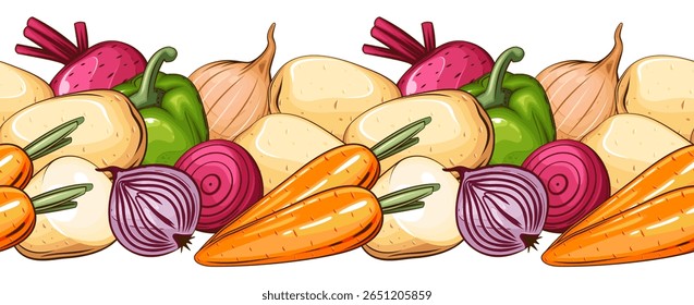 Sem emenda na fronteira alimentar. Garland sem costura com legumes. Borda Vegetal Horizontal. Fundo de legumes sem emenda. Conceito de alimento saudável. Organic Food Farmers Markets, Banner, Flyer, Papel de parede, têxtil